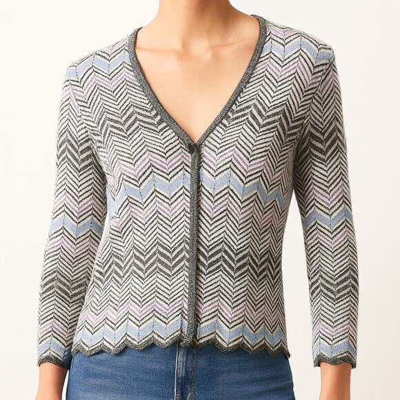 Pendleton Silk Cotton Chevron Knit Cardigan Gray Purple Blue V Neck Small - Picture 1 of 12